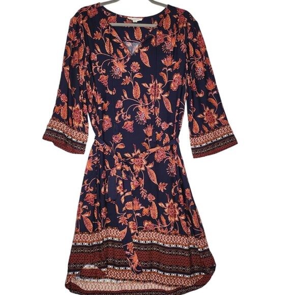 beachlunchlounge Dresses & Skirts - BeachLunchLounge Mini Dress Large‎ Blue Orange Floral Print Size Large Waist Tie